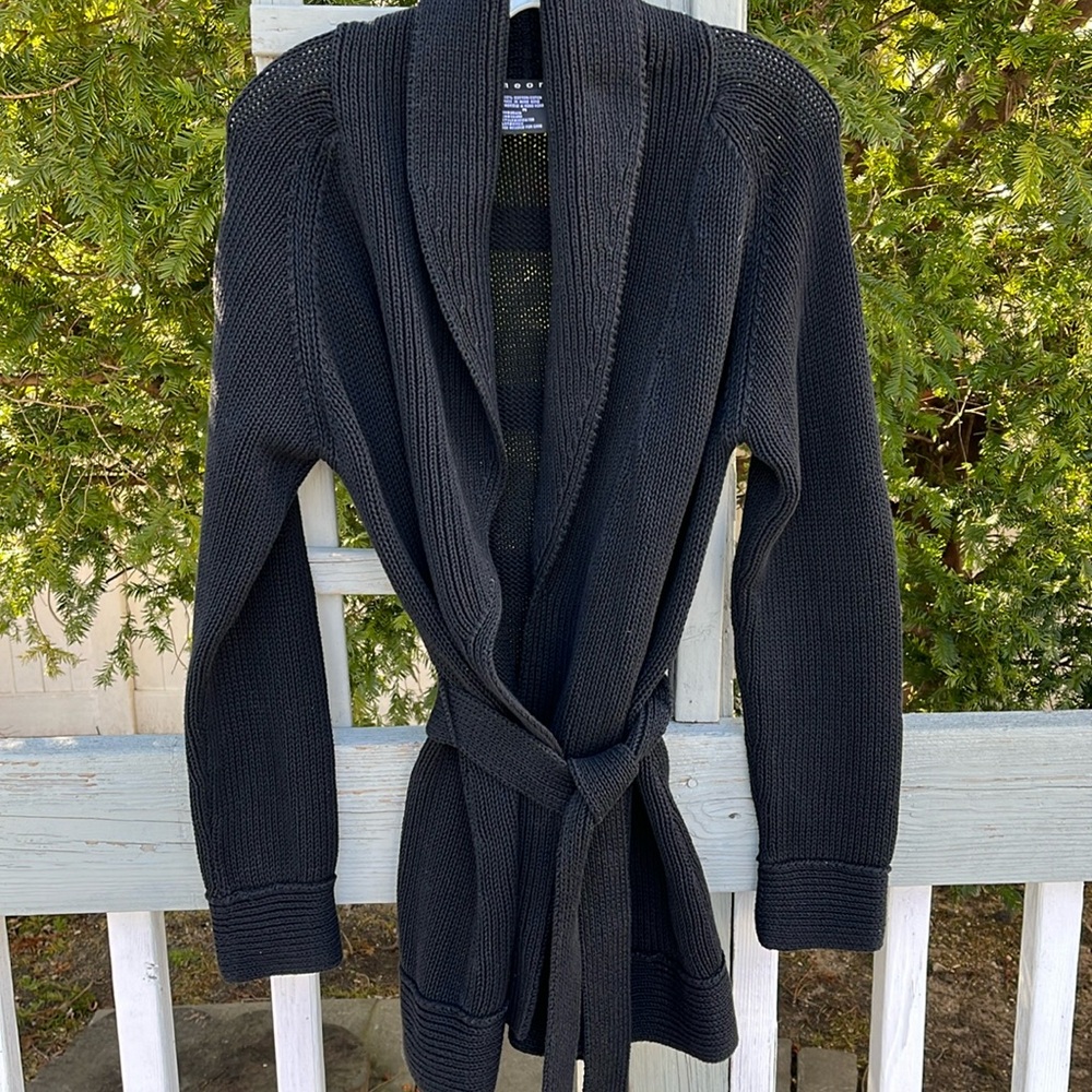 Theory Women’s Black Cardigan Sweater M Shawl Collar Wrap Belt NWOT